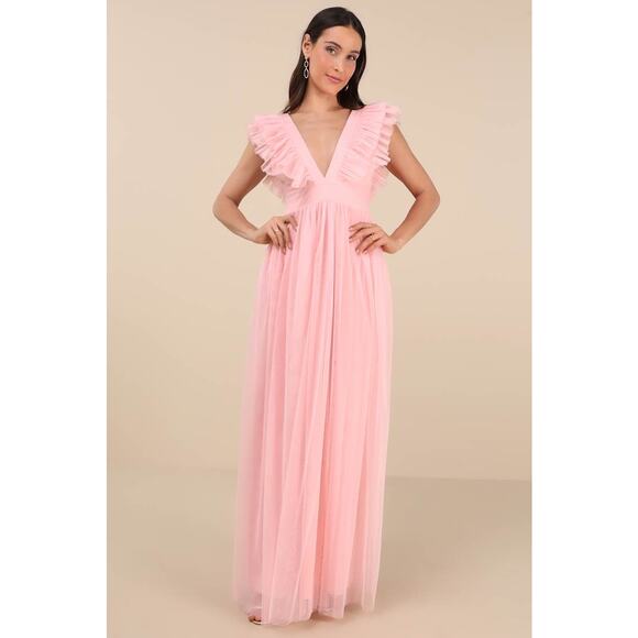 NWT Lulus Simply Delighted Pink Mesh Ruffled Backless Maxi Dress Bridesmaid Sz L - Picture 1 of 7